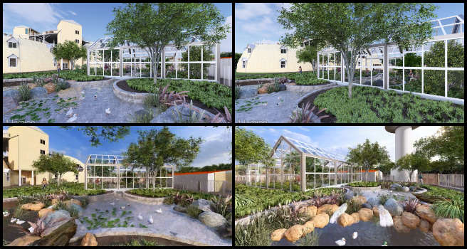 Yan Zu, Duplicable City Center , Supporting the abundance of earth, One Community Weekly Progress Update #626, greenhouse exterior rendering, high-quality greenhouse animations, architectural visualization, 3D greenhouse renderings, photorealistic greenhouse images, Photoshop color correction, rendering lighting adjustments, realistic greenhouse visuals, exterior design rendering, greenhouse animation rendering