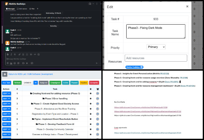 Highest Good Society, Ecological Global Transformation, One Community Weekly Progress Update #627, pull request submission, feedback implementation, software team collaboration, Phase 3 conflict resolution, dark mode error identification, volunteer coordination, development task approvals, Dev Dynasty blog creation, weekly folder organization, collage compilation.