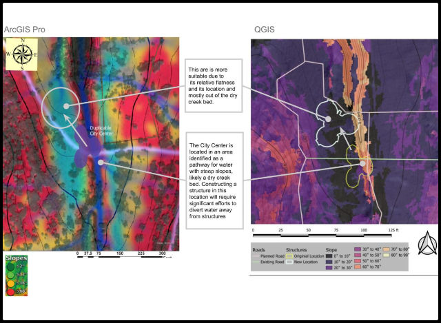 dry creek bed identification, GIS terrain analysis, ArcGIS Pro map adjustments, QGIS road layout optimization, terrain modification for construction, City Center relocation planning, steep slope analysis, flat terrain selection, farm design alignment in GIS, mapping infrastructure changes