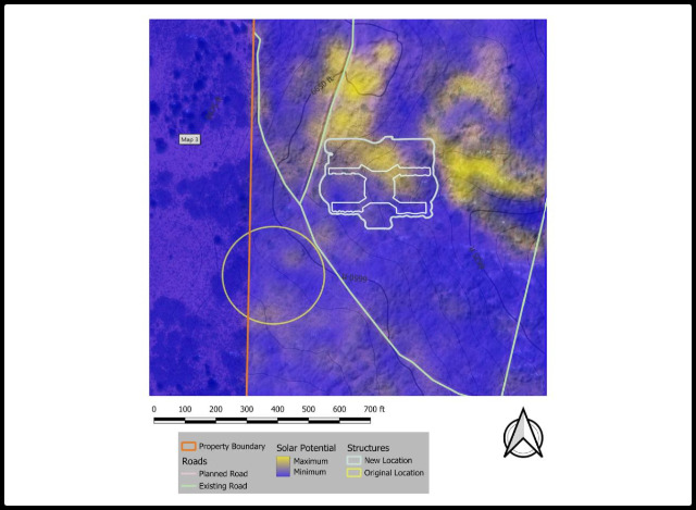 Cob Village placement, flat terrain for construction, GIS site suitability analysis, northeast location selection, property border consideration, construction space planning, terrain analysis for village placement, expansion potential in construction, construction site optimization, GIS-based expansion planning