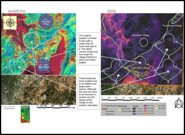 Earth Block Village placement, slope analysis for site suitability, QGIS terrain evaluation, steep slope encroachment, landscape design adjustments, site relocation for construction, views versus practicality in village planning, eastern flat terrain for development, western relocation for views, road layout modifications for optimal village placement.