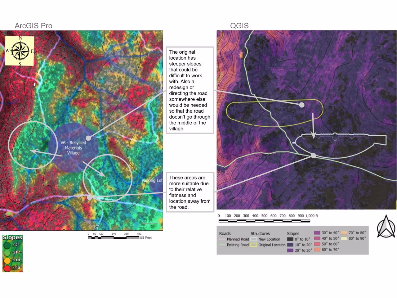 Recycled Materials Village placement, ArcGIS Pro site analysis, road interference in original location, QGIS scale and shape consideration, flatter land for construction, site suitability for village placement, alternative location selection, road-adjacent village positioning, terrain analysis for village development, GIS-based site optimization.