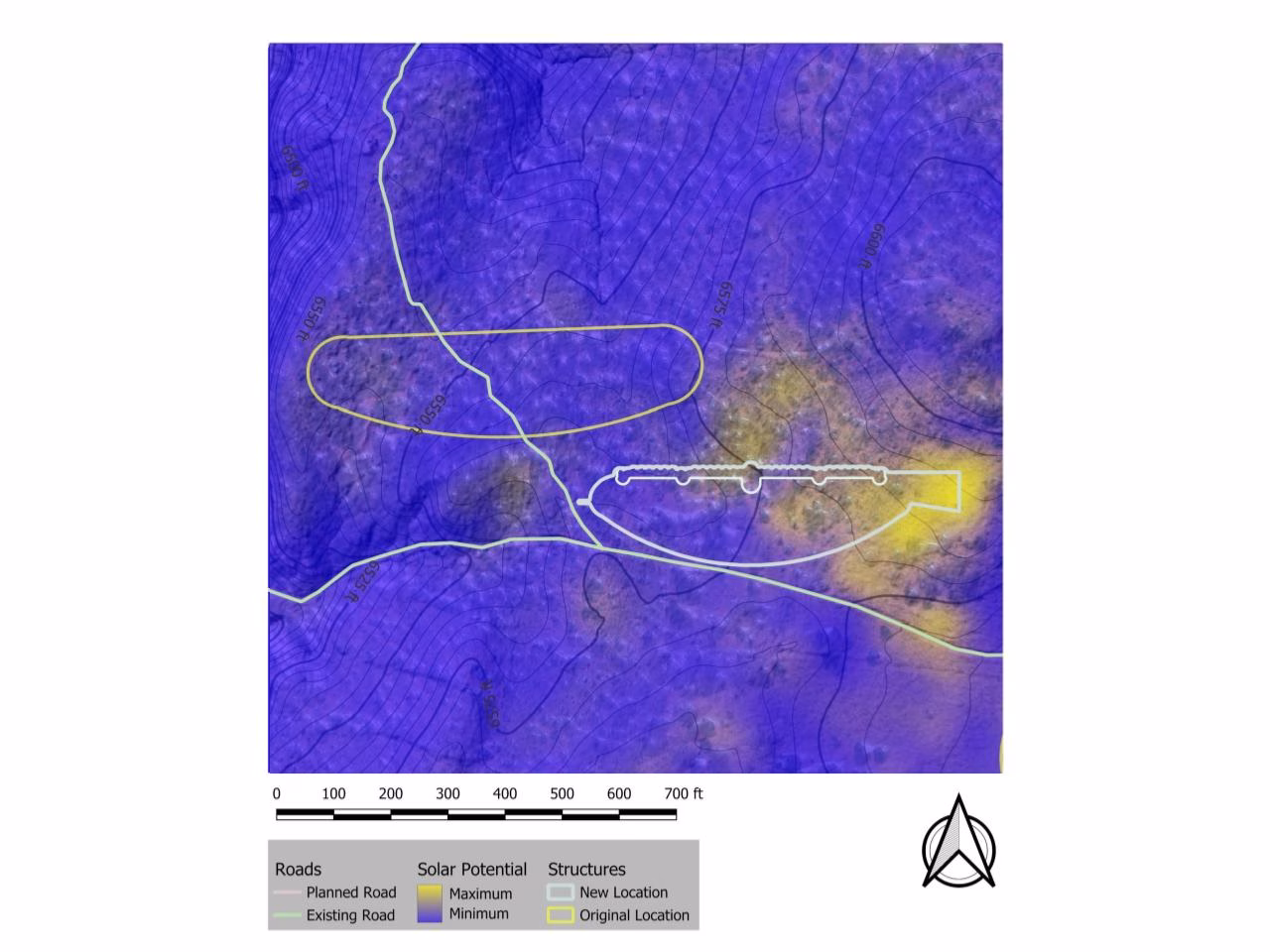 Recycled Materials Village placement, ArcGIS Pro site analysis, road interference in original location, QGIS scale and shape consideration, flatter land for construction, site suitability for village placement, alternative location selection, road-adjacent village positioning, terrain analysis for village development, GIS-based site optimization.
