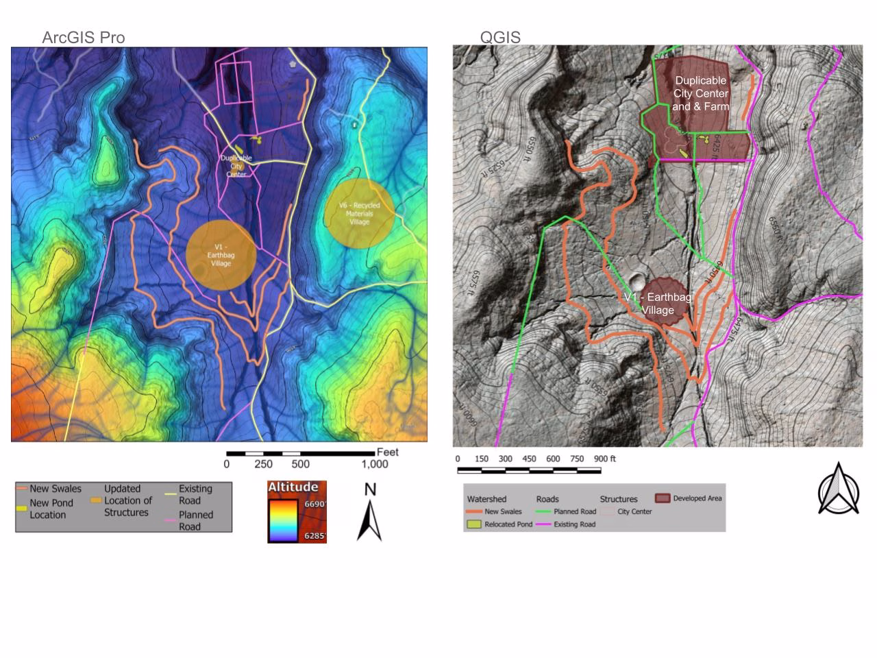 GIS-based site planning, Duplicable City Center relocation, Earthbag Village GIS mapping, swales aligned with contour lines, pond placement optimization, QGIS footprint analysis, ArcGIS Pro site adjustment, road-accommodating swale design, structure placement accuracy, landscape-aligned village layout