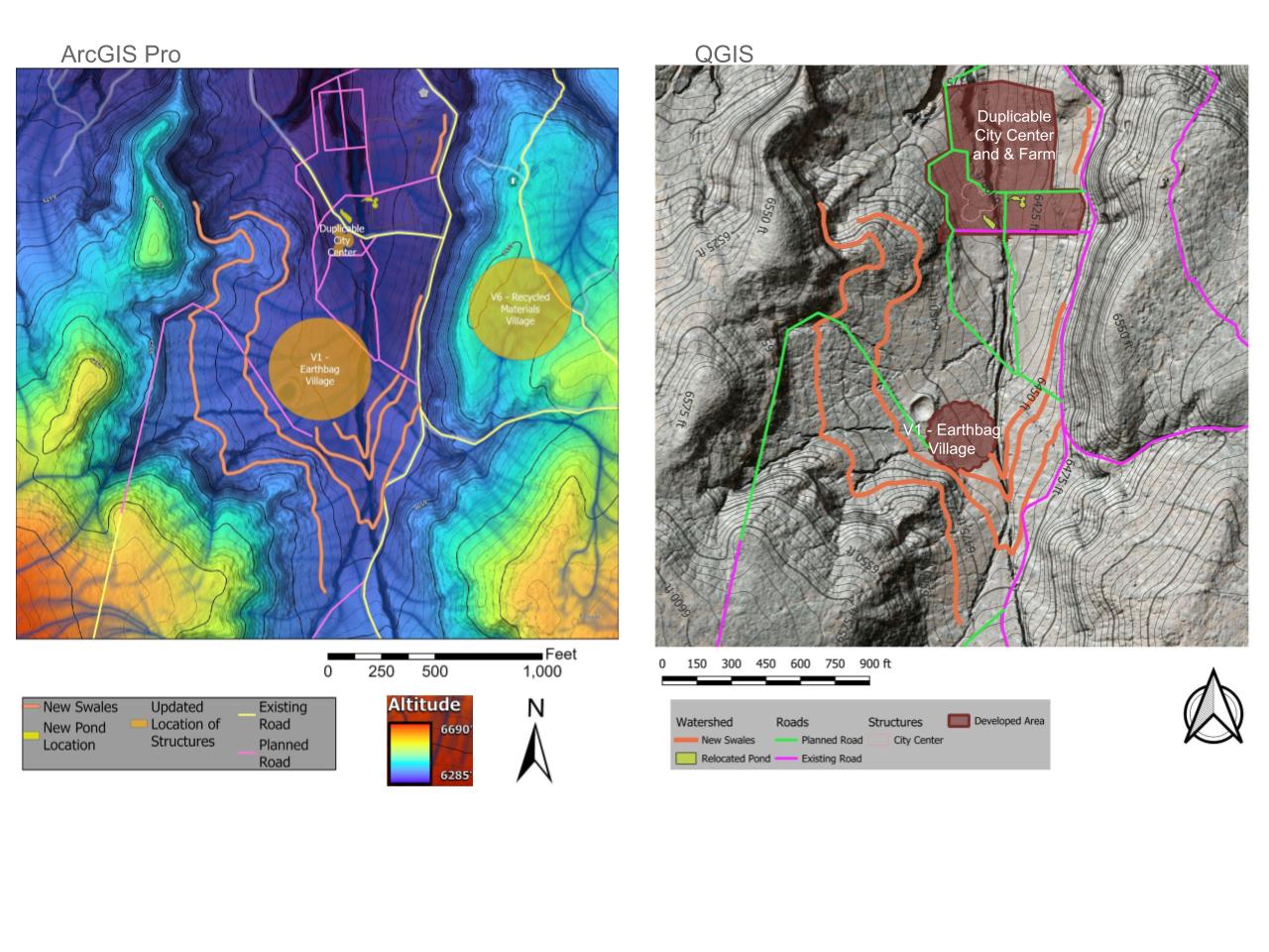 GIS-based site planning, Duplicable City Center relocation, Earthbag Village GIS mapping, swales aligned with contour lines, pond placement optimization, QGIS footprint analysis, ArcGIS Pro site adjustment, road-accommodating swale design, structure placement accuracy, landscape-aligned village layout
