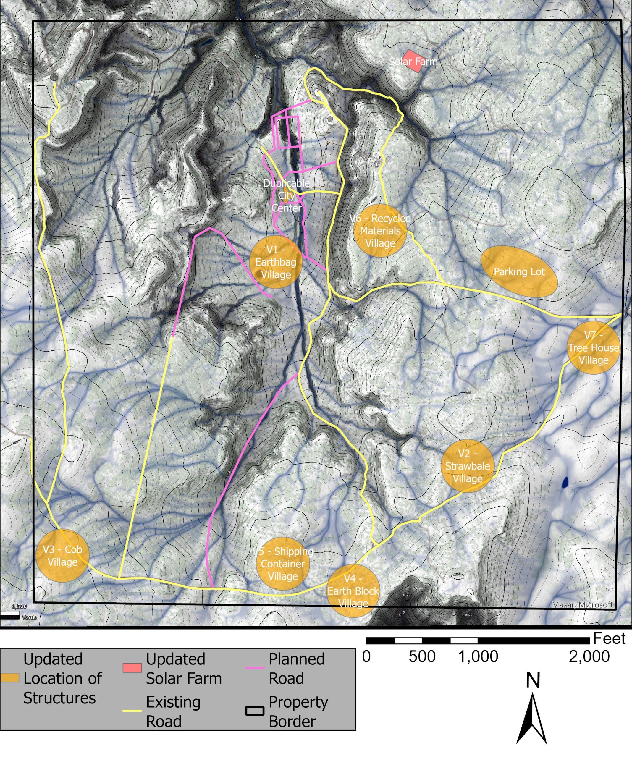 elevation-based structure placement, slope analysis for stability, flat land village planning, solar panel suitability analysis, optimal solar orientation, shading analysis for solar efficiency, integrated land use design, viewshed and slope integration, sustainable site planning, cohesive permaculture layout