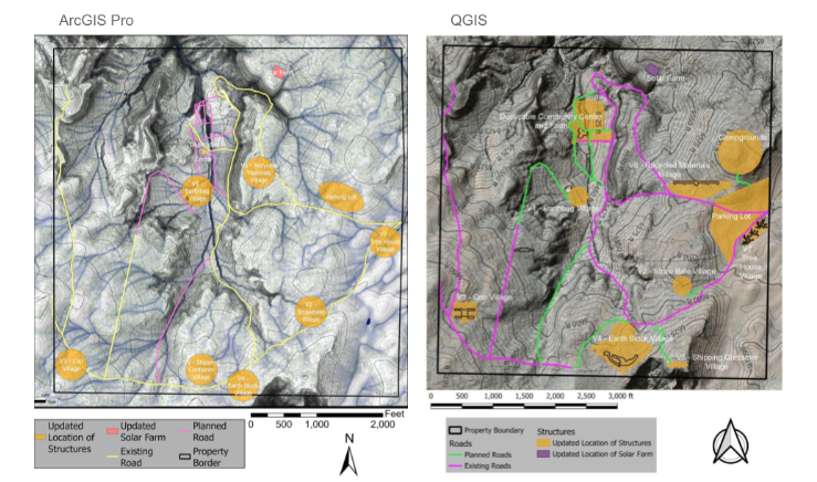 ArcGIS Pro vs QGIS layout differences, expanded village footprints, Earthbag Village resizing, Earth Block and Shipping Container relocation, southern cliff views integration, parking lot repositioning, entrance-based parking design, flat terrain infrastructure planning, campground addition to master plan, realistic village site adjustment