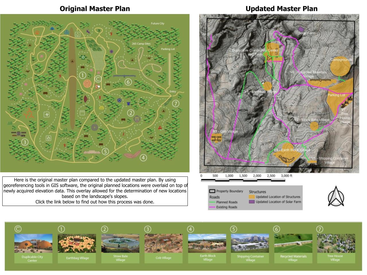 Earth Block Village relocation, Shipping Container Village site change, parking lot placement in open spaces, Recycled Materials Village layout, flat terrain for village planning, optimized village spacing, GIS-based infrastructure adjustment, open area development, Earth Block Village footprint, sustainable site design considerations