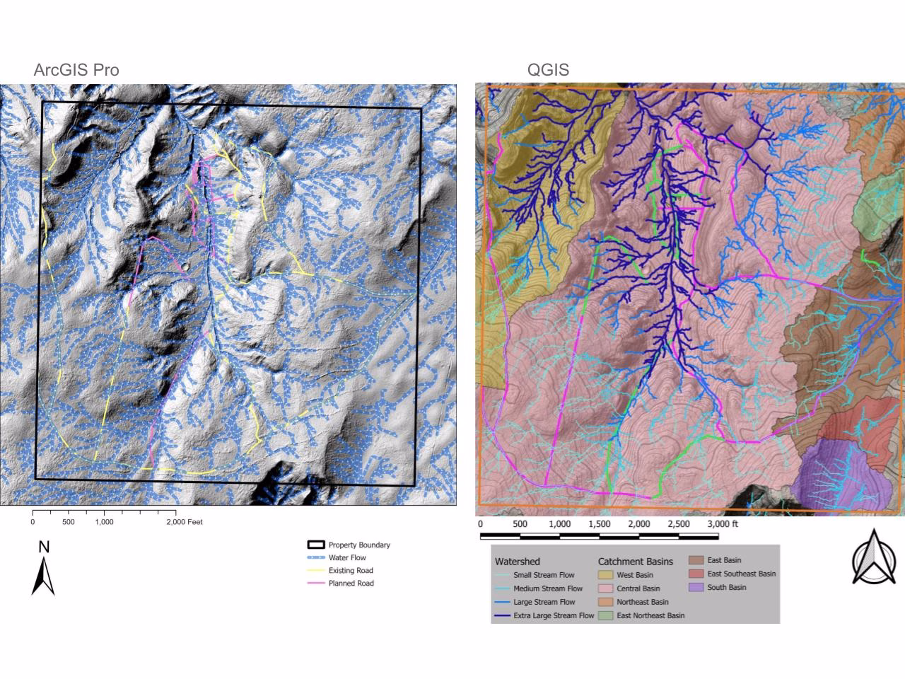 DEM to slope map conversion, watershed analysis in GIS, ArcGIS Pro water flow simplification, QGIS water flow symbology refinement, stream categorization by elevation, high-resolution water movement mapping, water flow direction arrows, GIS-based stream formation mapping, QGIS vs ArcGIS Pro watershed visualization, Digital Elevation Model hydrology analysis