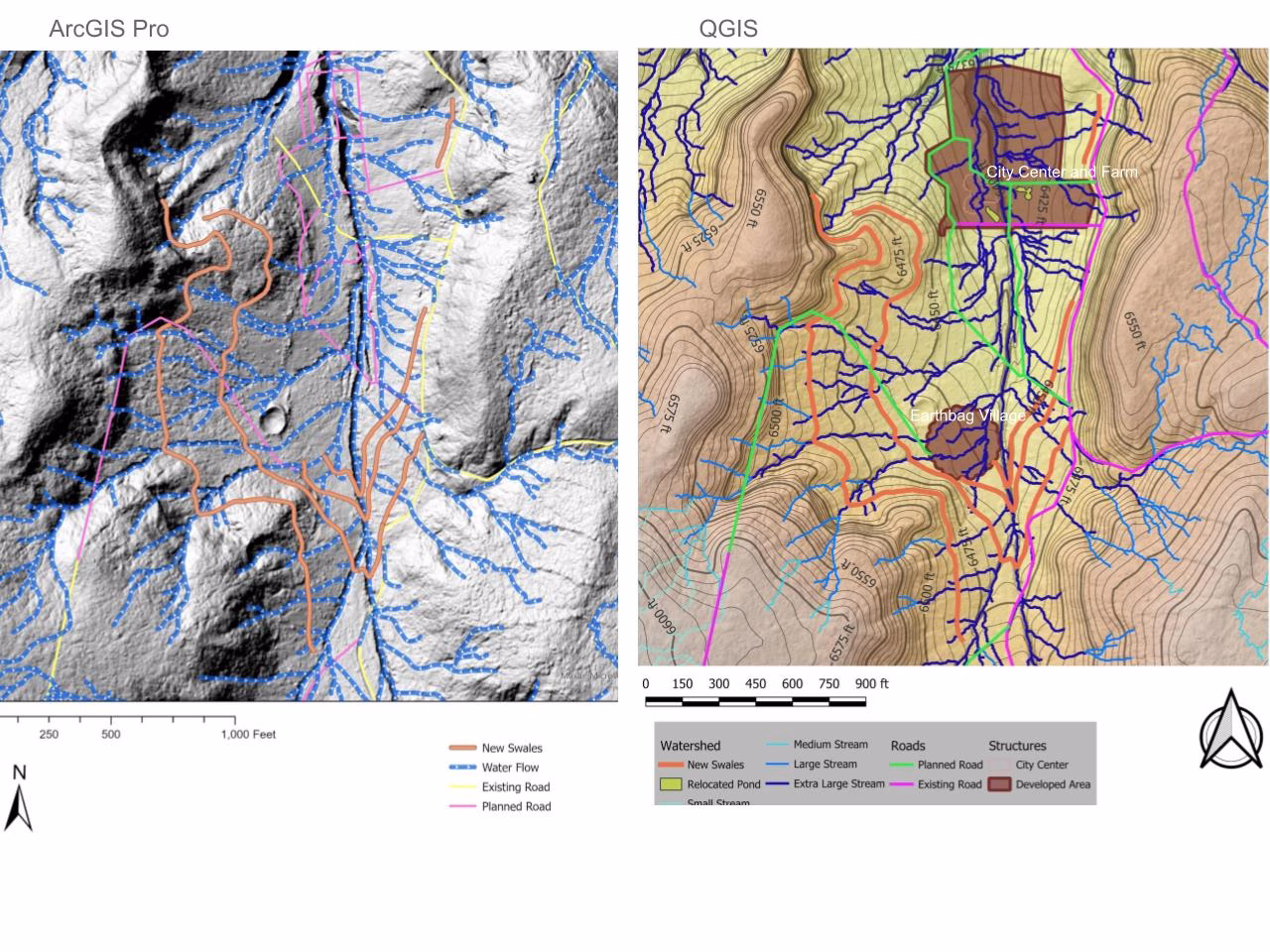 detailed water catchment mapping, strategic swale placement, water flow and collection analysis, Adjusted Water Harvesting Map, true-scaled village footprints QGIS, City Center flood risk, farm area water flow, swale adjustment for infrastructure, GIS-based food production planning, earthworks for flood prevention