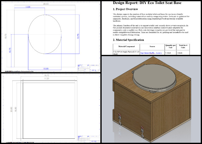 Vermiculture Toilet, Community Conservation through Diversification, One Community Weekly Progress Update #629, toilet seat lockdown mechanism, DIY eco toilet seat, sustainable toilet design, CAD model toilet seat, composting toilet engineering, eco-friendly bathroom solutions, toilet seat fabrication stencils, green sanitation solutions, digital mockup toilet design, bill of materials toilet seat