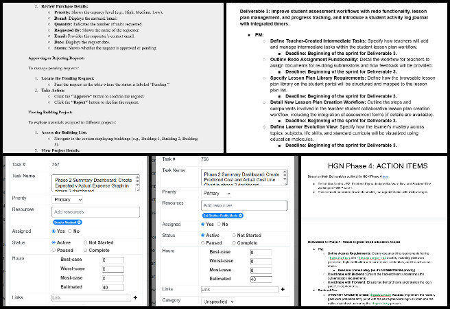 Highest Good Education, Upgrading Our Future, One Community Weekly Progress Update #631, blog management, Dropbox file updates, Code Crafters weekly summary, Phase 2 user manual updates, teacher dashboard design, Figma action item review, pull request status checks, Phase 2 task tracking, team Slack huddle discussion, Figma design progress review, Phase 4 action item documentation, One Community project coordination..