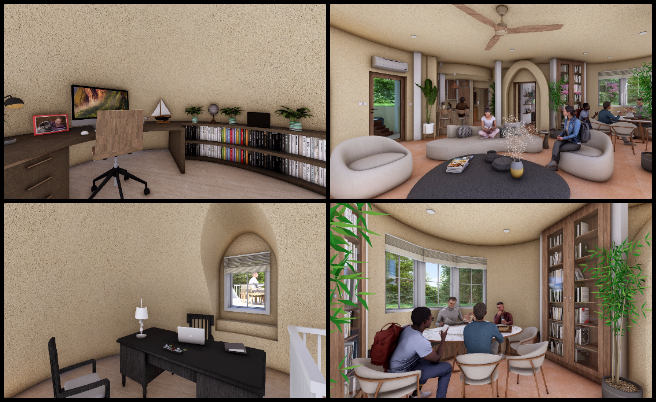 Earthbag Village, Community Conservation through Diversification, One Community Weekly Progress Update #629, 4-dome home walkthrough, sustainable home interior design, eco-friendly dome architecture, 3D home rendering video, green building visual presentation, interior design consistency, double-layered material modeling, dome house decorative elements, energy-efficient home design, architectural visualization dome home