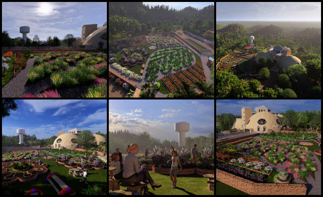 Jason, Duplicable City Center, An Open Source Paradigm for Ecological Living, One Community Weekly Progress Update #630, Lumion model optimization, 3D landscaping design, panoramic background integration, realistic vegetation rendering, architectural scene enhancement, high-performance rendering workflow, tree and flora variety modeling, 3D texture refinement, landscape visualization updates, placeholder model replacement