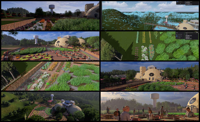 Jason, Duplicable City Center, Community Conservation through Diversification, One Community Weekly Progress Update #629, garden design updates, 3D model adjustments, landscape rendering optimization, terrain integration, architectural visualization, collaborative design workflow, efficient rendering settings, plant model customization, scene context enhancement, project-based visual updates