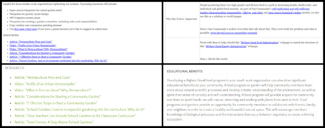 Highest Good Food, Community Conservation through Diversification, One Community Weekly Progress Update #629, Team review, Blog updates, Collage creation, Website editing, Content integration, Formatting adjustments, Heading alignment, Text justification.