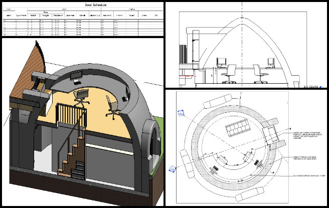Earthbag Village, Community Conservation through Diversification, One Community Weekly Progress Update #629, primary bedroom loft office design, dome home furniture modeling, curved wall desk alignment, sustainable loft workspace, eco-friendly dome architecture, dome curvature desk design, Revit door schedule creation, green building interior planning, dome house door tagging, architectural section drawing dome home