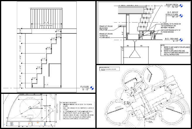 Earthbag Village, Community-based DIY Eco-construction, One Community Weekly Progress Update #632, construction documents, 4-dome home, structural plan, spa dome, dining room dome, kitchen dome opening, section detail, island at the oven, ceiling framing, shower plan detail