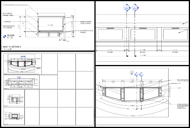 Earthbag Village, Upgrading Our Future, One Community Weekly Progress Update #631, kitchen wall framing model, plumbing stack layout, living room built-in plan, built-in elevation drawing, detailed framing plan, framing section view, drawer section drawing, architectural detailing, sustainable interior framing, eco-home construction plans