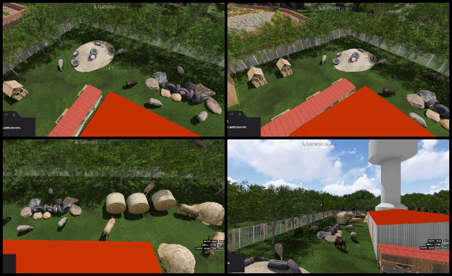 Yan Zu, Duplicable City Center, Community-based DIY Eco-construction, One Community Weekly Progress Update #632, animal area design, animal habitat rendering, 3D animal environment, landscape optimization, vivid animal scenes, plant and animal integration, immersive animal area, initial renderings of animal spaces, showcasing animal habitat layout, spatial arrangement visualization