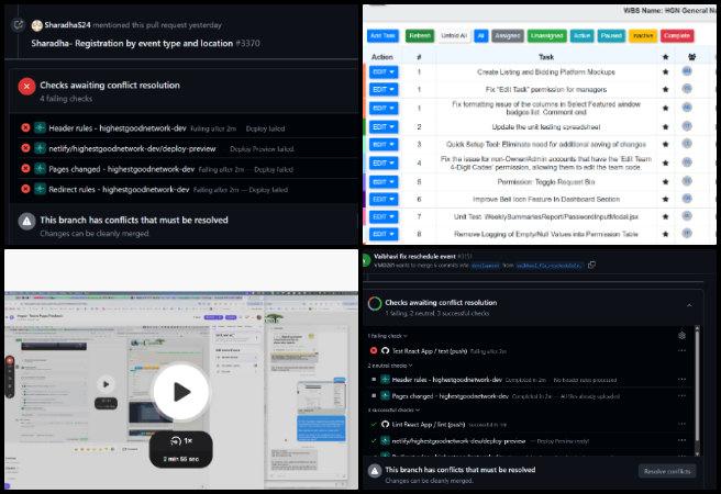 Highest Good Society, Community Conservation through Diversification, One Community Weekly Progress Update #629, pull request management, merge conflict resolution, test verification, reviewer feedback implementation, Phase 3 development coordination, developer approval follow-up, Dev Dynasty blog creation, folder structure organization, project activity collage, volunteer blog feedback.