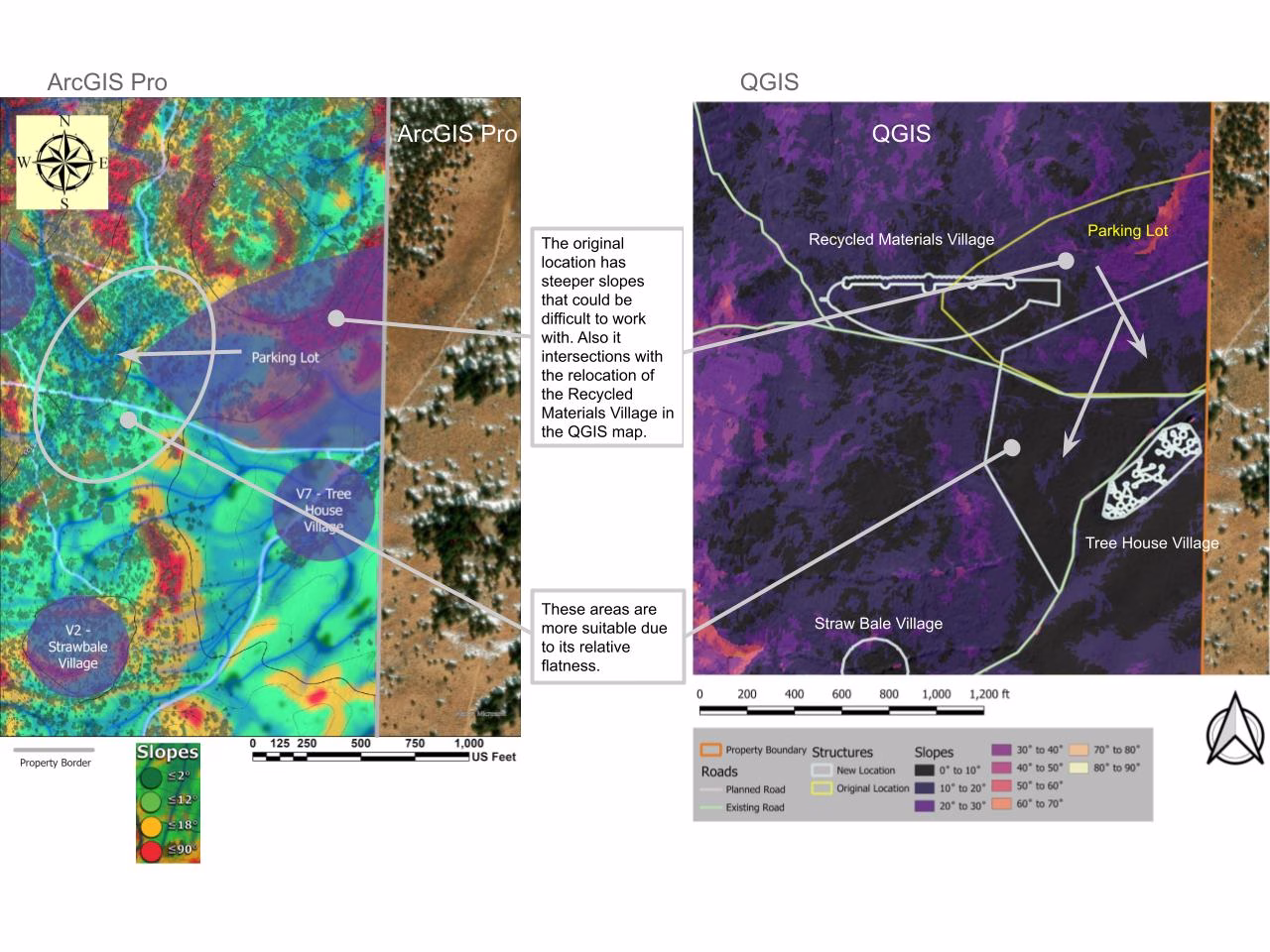Recycled Materials Village placement, ArcGIS Pro site analysis, road interference in original location, QGIS scale and shape consideration, flatter land for construction, site suitability for village placement, alternative location selection, road-adjacent village positioning, terrain analysis for village development, GIS-based site optimization.