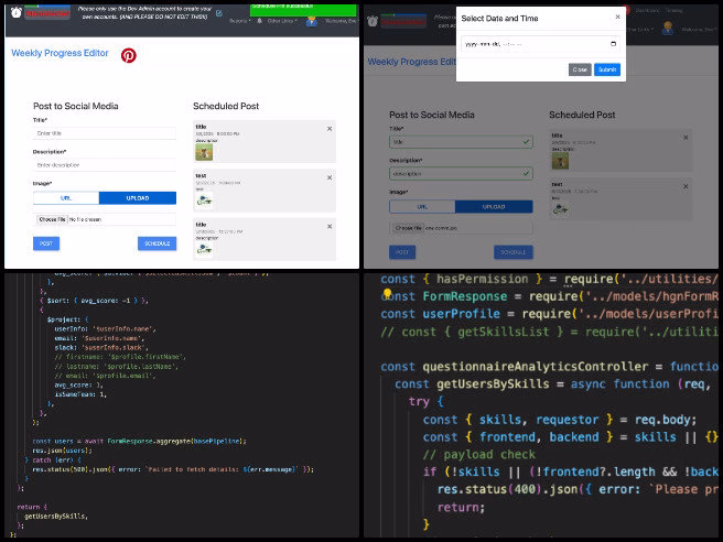 Highest Good Network software, internal management platform, new-paradigm philanthropy, software development team update, frontend software development, Pinterest auto-post feature, questionnaire dashboard backend, dynamic scoring logic, summary dashboard visualization, volunteer software engineering.