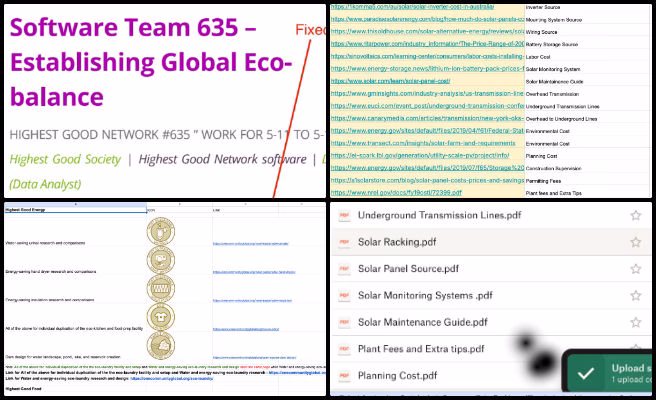 Highest Good Energy, A Model for New-world Eco-philanthropy, One Community Weekly Progress Update #636, HG Energy Project, Solar Panel Cost, OC Administration, Excel Sheet Update, Cost Evaluation Research, Loom Video Review, Icon List Verification, Training Team Feedback.
