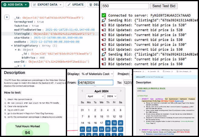 One Community Weekly Progress Update #635, Establishing Global Eco-balance, Highest Good Network software, open source bidding system, PayPal webhook integration, bid history tracking, Chart.js rental cost visualization, HGN Questionnaire Dashboard enhancements, backend-connected socket notifications, volunteer status chart refactoring