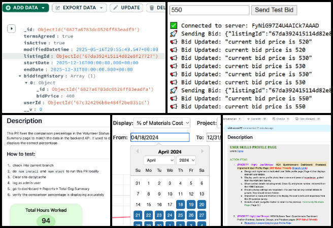 One Community Weekly Progress Update #635, Establishing Global Eco-balance, Highest Good Network software, open source bidding system, PayPal webhook integration, bid history tracking, Chart.js rental cost visualization, HGN Questionnaire Dashboard enhancements, backend-connected socket notifications, volunteer status chart refactoring
