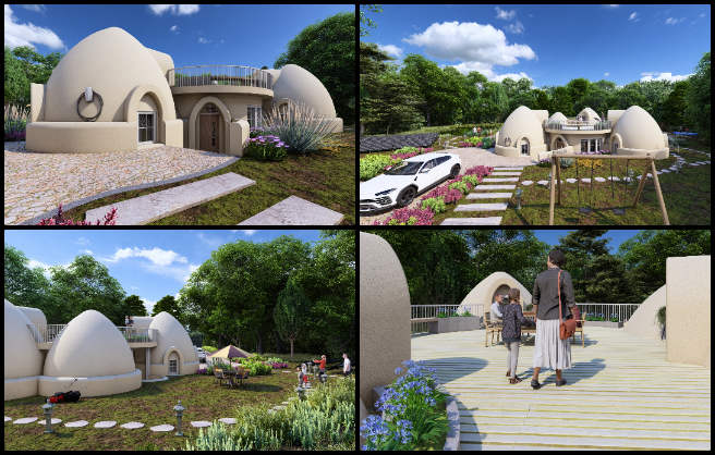 Earthbag Village, A Model for New-world Eco-philanthropy, One Community Weekly Progress Update #636, 4-Dome Home interior rendering, architectural walkthrough video, 3D rendering lighting adjustment, Revit rendering refinement, interior visualization project, high-quality architectural animation, rendering material optimization, smooth motion rendering, 3D home design presentation, architectural visualization submission