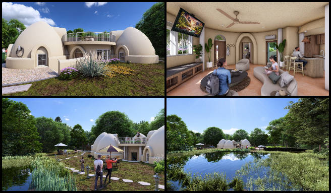 Earthbag Village, Establishing Global Eco-balance, One Community Weekly Progress Update #635, 4-dome home walkthrough, architectural rendering video, indoor outdoor design update, 3D home visualization, dome home animation, virtual home tour, cohesive architectural presentation, updated home walkthrough, sustainable dome architecture, rendering design adjustments