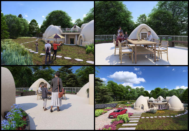 Earthbag Village, Global-Sustainability Systems Management, One Community Weekly Progress Update #633, walkthrough video render, enhanced outdoor space, 4-dome home landscaping, natural feature integration, detailed landscaping elements, exterior area update, visual presentation update, dome home design, architectural visualization, outdoor space enhancement