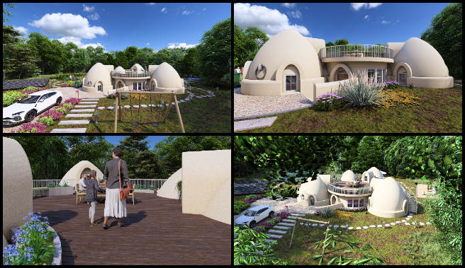 Earthbag Village, New-paradigm Philanthropy and Change, One Community Weekly Progress Update #634, walkthrough video render, 4-dome home exterior, outdoor space landscaping, natural feature integration, sustainable home design, dome home architecture, eco-friendly outdoor design, landscaping video showcase, exterior design update, green building visuals