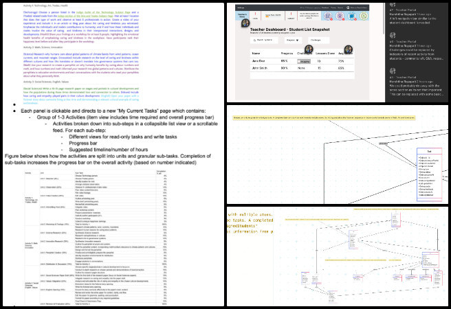 Highest Good Education, New-paradigm Philanthropy and Change, One Community Weekly Progress Update #634, Figma teacher dashboard wireframe review, student snapshot feature explanation, UML diagram comments for backend models, lesson plan sub-task structure example, student dashboard home view collaboration, user profile navigation design, team progress check-ins, Graphic Design Team blog update coordination, UI/UX design review process, education platform design enhancements.