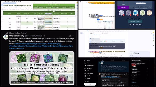 Highest Good Society, A Model for New world Eco philanthropy, One Community Weekly Progress Update #636, Marketing and promotion strategy, Twitter community engagement, high engagement social media content, follower growth tracking, spreadsheet data updates, HGN software development, pull request review, Slack team collaboration, frontend testing phase, Phase 1 development documentation