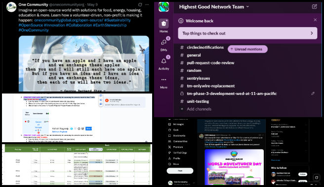 Highest Good Society, New paradigm Philanthropy and Change, One Community Weekly Progress Update #634, Marketing and promotion strategy, Twitter community engagement, high engagement social media content, performance based post management, software frontend testing, GitHub pull request reviews, merge conflict resolution, Slack team collaboration, development environment verification, contributor follow up process
