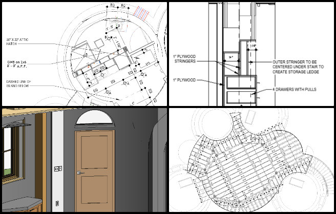 Earthbag Village, Establishing Global Eco-balance, One Community Weekly Progress Update #635, kitchen dome attic hatch, MEP conduit rerouting, mini split system planning, Earthbag wall joist support, 4x12 joist dimensioning, sustainable dome construction, junction box bump outs, electrical layout design, dome home architectural modeling, eco-friendly MEP coordination