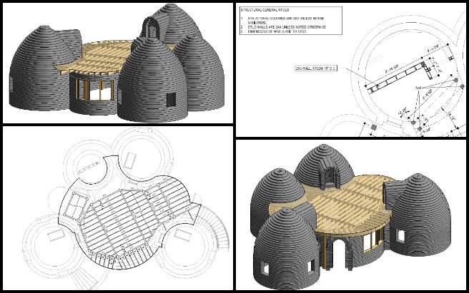 Earthbag Village, Global-Sustainability Systems Management, One Community Weekly Progress Update #633, MEP and structural coordination, four-dome home design, plumbing wall modification, 2x8 wall framing, kitchen and bathroom dome plumbing, roof framing modeling, secondary structural members, joist installation planning, dome home structural design, piping accommodation in walls