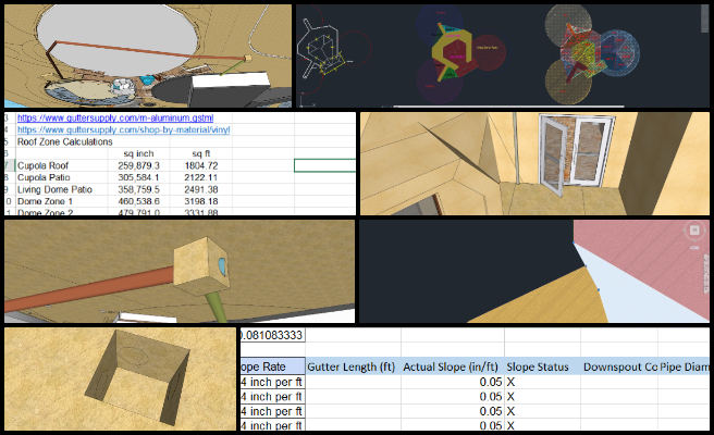 Mihir, Duplicable City Center, A Model for New-world Eco-philanthropy, One Community Weekly Progress Update #636, rainwater harvesting system design, CAD water catchment plans, SketchUp drainage modeling, downspout system components, pipe sizing calculations, zone-specific GPM analysis, gutter and drainage layout, rainwater system cost estimates, building code compliant slope design, sustainable water infrastructure planning