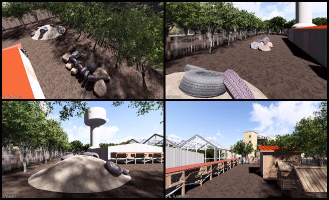 Yan Zu, Duplicable City Center, Global-Sustainability Systems Management, One Community Weekly Progress Update #633, animal area design, optimized animal habitat, 3D environment rendering, landscape visualization, plant and animal diversity, ground material textures, vivid scene layout, spatial design organization, immersive nature rendering, draft renderings from multiple angles