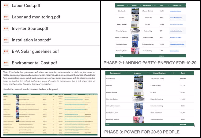 Highest Good Energy, Selfish Philanthropy by Giving People What They Want, One Community Weekly Progress Update #639, Energy Infrastructure Cost Analysis project, HG Energy chart visualizations, Excel resource link integration, phase-based data organization, table formatting improvements, chart appearance enhancement, visual content integration, OC Administration project review, training team document feedback, collage creation for admin team.