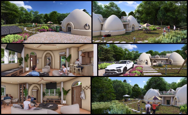 Earthbag Village, Collectively Improving the Standard of Living, One Community Weekly Progress Update #637, 4-dome home exterior renderings, earthbag village architectural design, sustainable housing walkthrough visuals, eco-friendly home 3D renderings, high-resolution architecture visuals, open source housing visualization, natural building texture optimization, earthbag home lighting design, architectural camera angle refinement, green village housing project