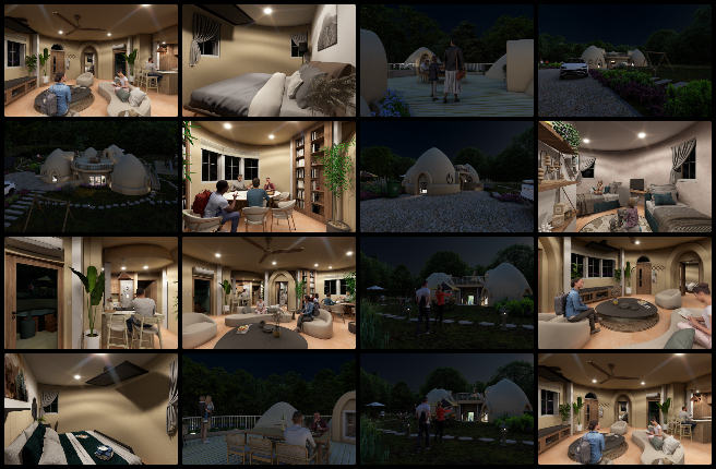 Earthbag Village, Establishing Abundant Community Systems, One Community Weekly Progress Update #638, Earthbag Village 4-dome home renders, sustainable architecture visualization, night interior and exterior renders, eco-home lighting setup, energy-efficient dome home design, realistic architectural rendering, open source housing visuals, post-processed eco-home images, green building design presentation, 3D rendering for sustainable living spaces