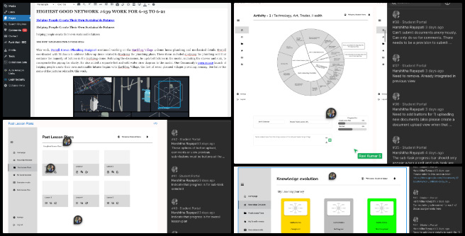 Highest Good Education, Self replicating Highest Good Creation, One Community Weekly Progress Update #641, student dashboard design, knowledge evolution view, past lessons interface, activity view design, evaluation results page, grade posting integration, lesson plan builder, software component documentation, weekly blog update, visual collage creation