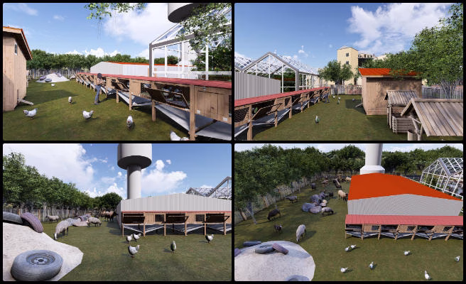 Duplicable City Center, Selfish Philanthropy by Giving People What They Want, One Community Weekly Progress Update #639, architectural designer, Duplicable City Center, material texture update, realistic rendering, fences and shelters, landscape elements, animal area, cohesive design, One Community’s selfish philanthropy 
