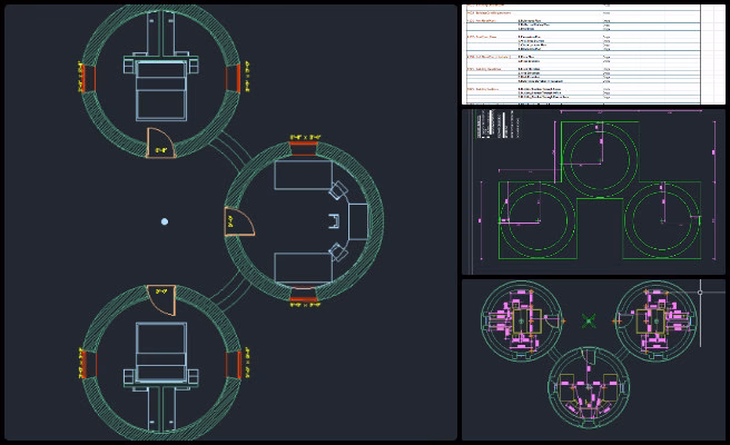 Earthbag Village, Establishing Abundant Community Systems, One Community Weekly Progress Update #638, Earthbag Village construction-ready designs, 3-dome structure floor plan, sustainable housing layout, eco-village architectural development, open source civil engineering design, Earthbag Village dimension planning, furniture layout for dome homes, green building design concepts, One Community housing blueprint, sustainable community infrastructure
