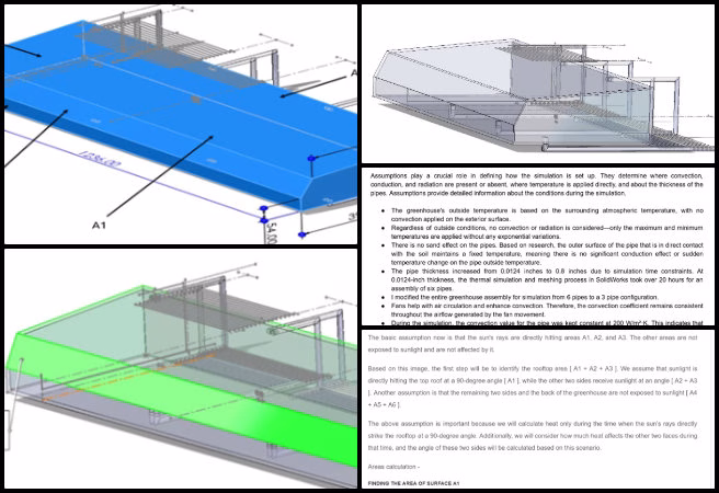 Highest Good Food, Widespread and Lasting Eco-lifestyle Access, One Community Weekly Progress Update #642, thermal simulation analysis, stress-strain simulation, SolidWorks area calculations, heat gain solar radiation, rooftop area calculations, assembly video production, thermal modeling assumptions, engineering simulation documentation, solar heat gain analysis, CAD design calculations.