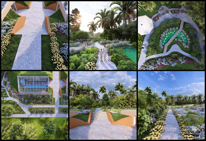 Highest Good Food, Community-based DIY Sustainable Infrastructure, One Community Weekly Progress Update #644, Lumion regional updates, landscape element integration, texture map enhancements, plant model placement, hardscape component design, surface finish adjustments, reflectance parameter tuning, multi-angle camera configuration, light interaction consistency, architectural visualization refinement.