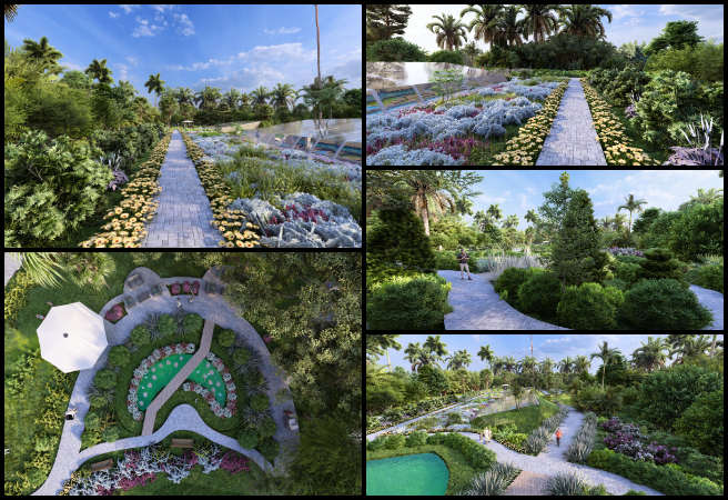 Highest Good Food, Sustainable Future Building, One Community Weekly Progress Update #643, Lumion landscape visualization, Southeast region rendering, Southwest terrain modeling, architectural visualization updates, material texture adjustments, light interaction tuning, vegetation and hardscape placement, 3D design visualization, stakeholder presentation visuals, enhanced scene realism.